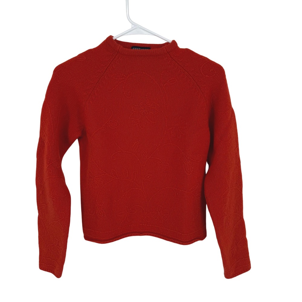 Ann Taylor Lambswool Sweater Red/Orange Floral Mock Neck Knit Top Women M‎ Cozy